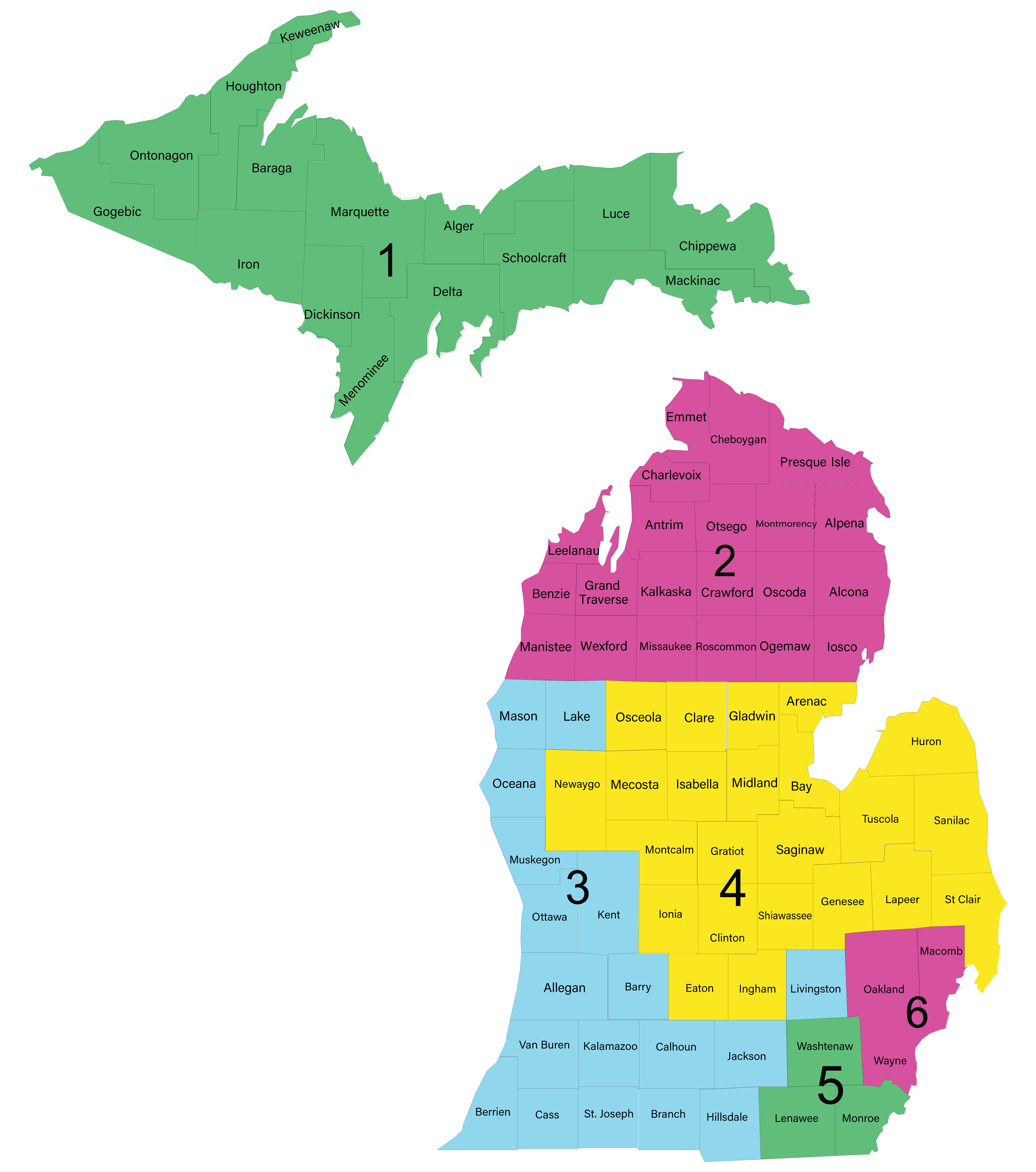 Map of Michigan that is separated into 6 regions showing the different regions each BHC covers. Region 1 is the Upper Peninsula and is covered by Melissa DeMarse. Region 2 is Northern Lower Michigan and is covered by Tim Hudson. Region 3 is Western Michigan and is covered by Megan Collett. Region 4 is Central Michigan and is covered by Katrina Hernandez. Region 5 is Lenawee, Washtenaw, and Monroe Counties and is covered by Melissa DeMarse. Region 6 is Wayne, Oakland, & Macomb Counties and is covered by Tim Hudson.