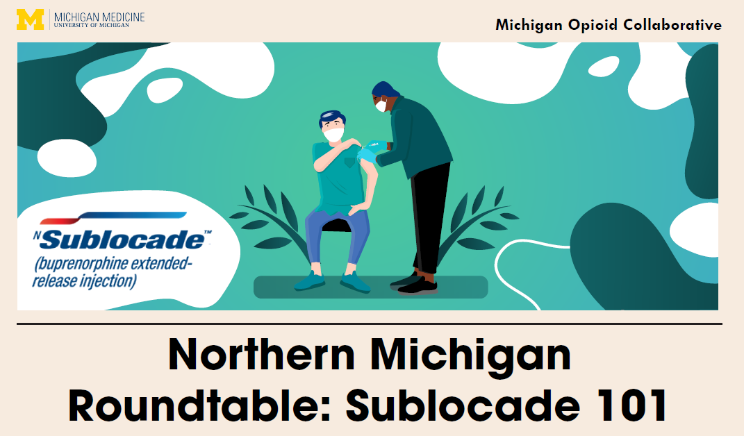 An image that shows the sublocade logo and a 2d doctor administering the drug.